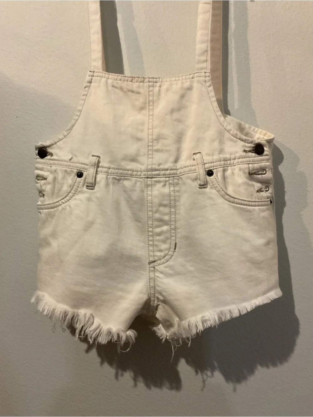 We the Free (Free People) White Cream Denim Suspender Shortalls Raw Hem- size 24